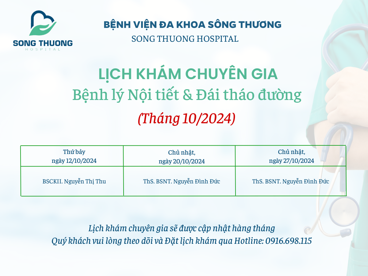 CẬP NHẬT LỊCH KHÁM CHUYÊN GIA NỘI TIẾT VÀ ĐÁI THÁO ĐƯỜNG - THÁNG 10/2024